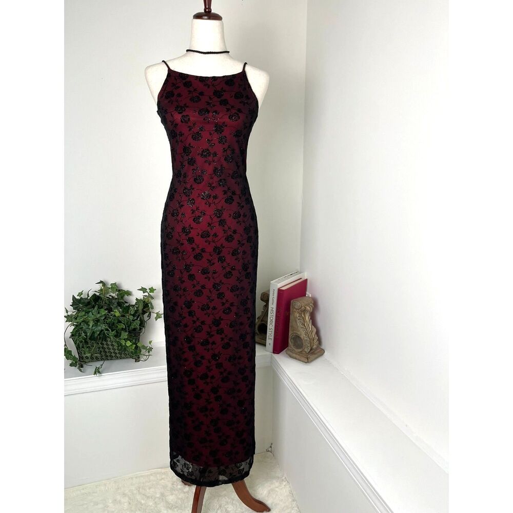 VTG 90s Y2K  Candy Rocket Red Black Velvet Rose Overlay Dress M